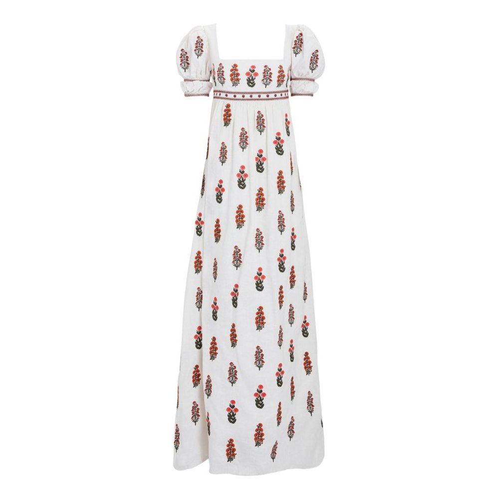 AGUA BY AGUA BENDITA Pistachio Dress Dahlia Embroidery Regency Red Empire Maxi